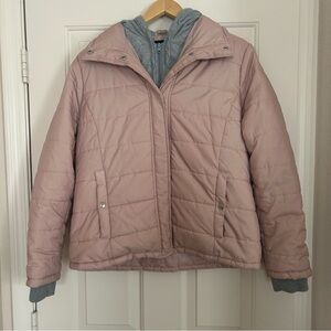 Forever 21 Puffer Jacket Women’s Size Large  Pink Gray Full Zip Up Quilted Hood